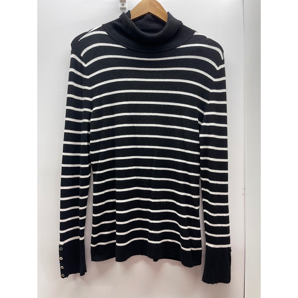 White House Black Market Striped Turtleneck Sweater Black White XL Button Cuff